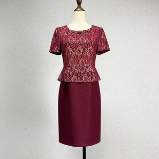 显瘦洋气百搭直筒裙 蕾丝连衣裙女2025小香风修身 中长款 酒红色短袖
