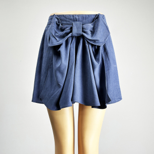 饰休闲裤 外贸原单蓝色阔腿裤 女2026中腰甜美宽松蝴蝶结装 短裤 裙裤