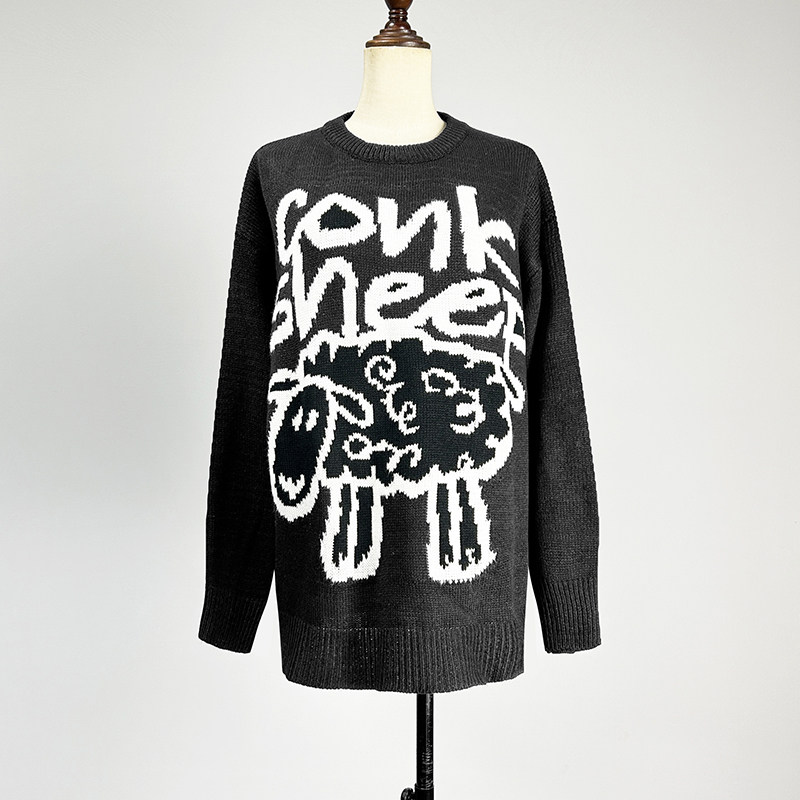 复古风卡通手绘绵羊毛衣针织衫