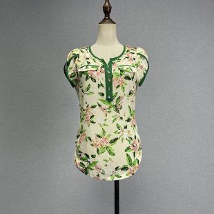 品牌折扣绿色碎花雪纺圆领衬衫 圆摆套头衬衣 女2023夏小香风花瓣袖