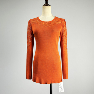 品牌桔红色针织衫羊毛衫女2025秋冬弹力修身性感勾花镂空打底衫