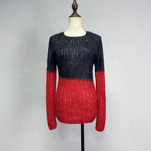 品牌折扣粗毛线圆领长袖毛衣女秋冬弹力修身简约百搭黑红拼色上衣