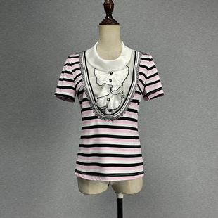 针织条纹短袖T恤女2024夏弹力修身甜美百搭黑红拼色荷叶边t恤外穿