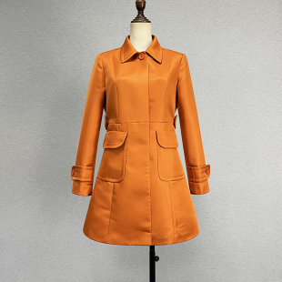 品牌折扣中长款 桔红色风衣女2024欧美风春秋POLO领单排扣气质外套