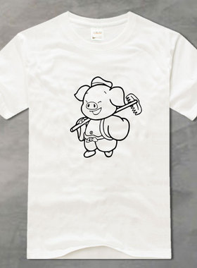 猪八戒卡通印花中国风白色纯棉圆领短袖休闲简约透气半袖男女T恤