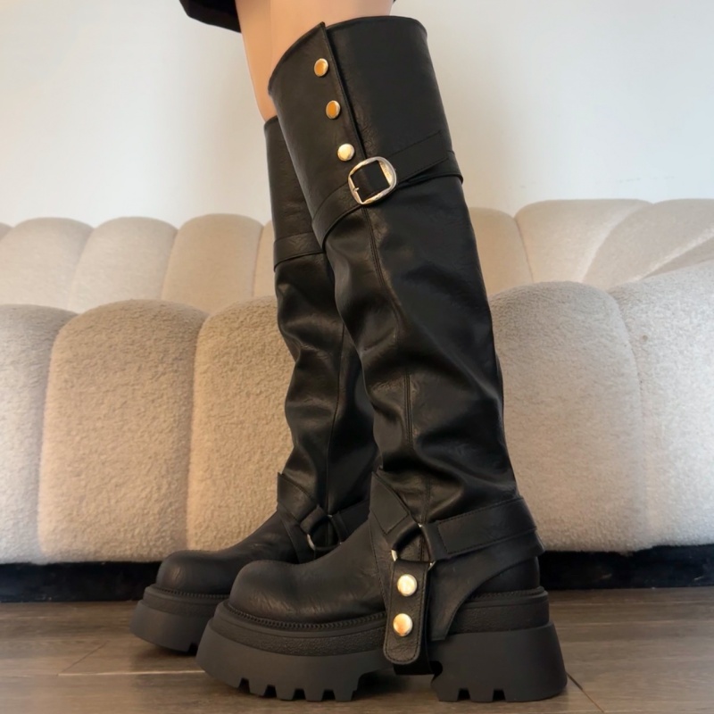 过膝长筒靴女粗腿2025新款冬季加绒皮靴厚底显瘦皮带扣高筒骑士靴