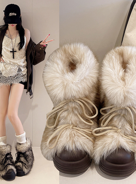 复古厚底增高大头雪地靴女2025冬季新款抗寒加绒保暖毛毛东北棉鞋