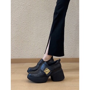 小个子厚底增高8cm魔术贴乐福鞋女2026春新款英伦黑色小皮鞋单鞋