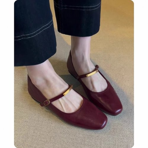 牛皮款~超软真皮鞋子法式平底单鞋女方头复古低跟酒红色玛丽珍鞋