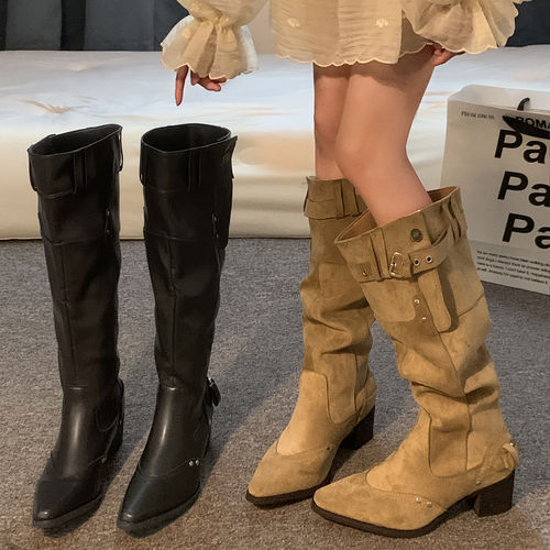 棕色韩版皮带扣尖头堆堆靴女