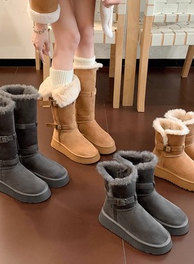 真皮~厚底灰色雪地靴女2025冬季新款加厚绒增高搭扣长筒雪地棉鞋