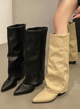 欧美尖头裤管靴2025秋冬款显瘦长筒靴女不过膝百搭粗跟西部牛仔靴