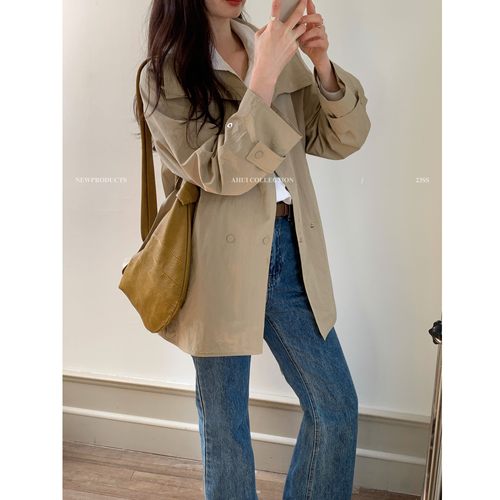 Ahui2024新款韩系大翻领宽松腰带款慵懒休闲风衣外套女