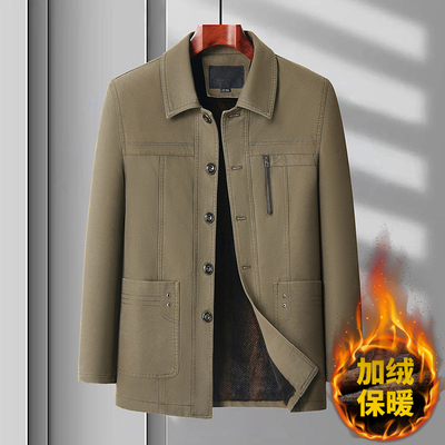 纯棉夹克外套男2025新款加绒中老年男装秋冬款翻领纽扣爷爷厚上衣