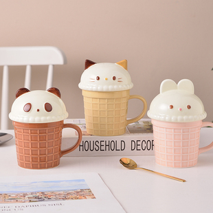 日式萌系宠物甜筒杯可爱兔子三花猫马克杯猫咪情侣陶瓷咖啡杯卡通