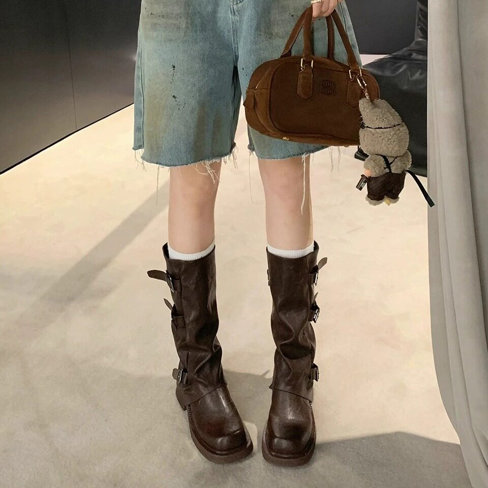秋季棕色女中筒西部骑士堆堆靴