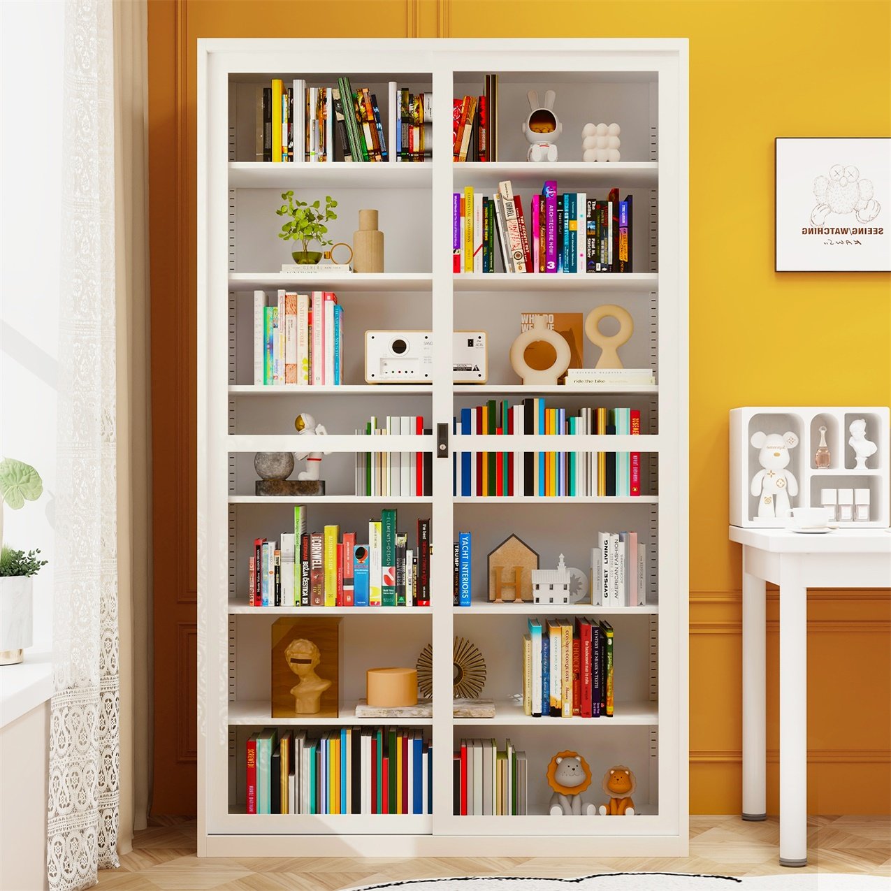 洛克菲勒家用钢制书柜推拉门多层儿童书架收纳柜防尘玻璃门展示柜