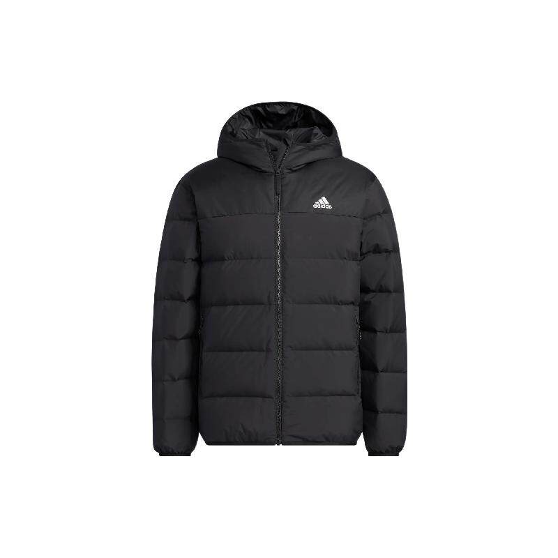 adidas 纯色Logo印花图案拉链连帽羽绒服 男款 黑色