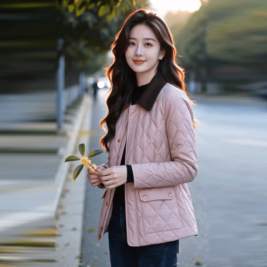 秋冬修身菱格纹中长款女棉服外套