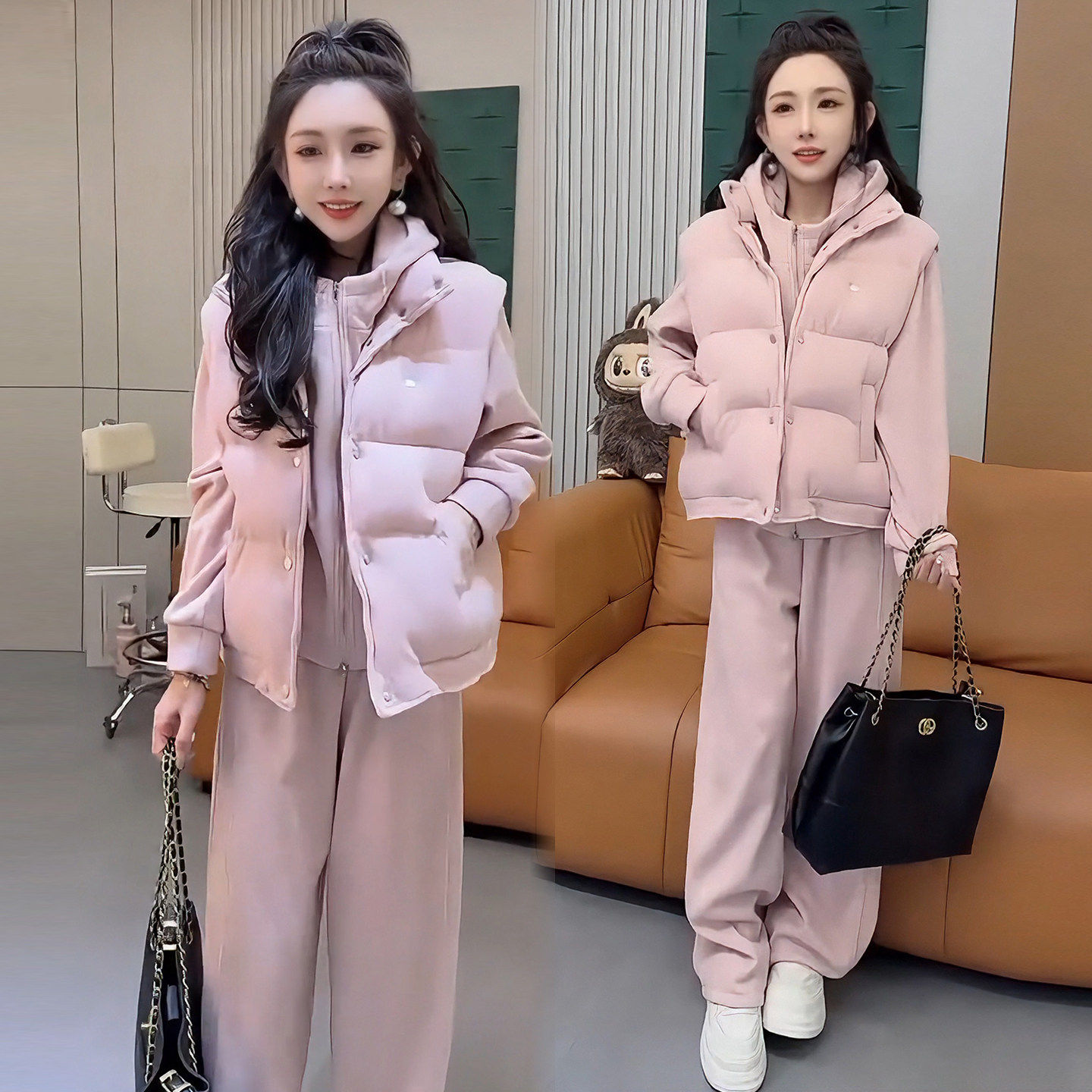 加绒加厚卫衣卫裤棉马甲三件套女