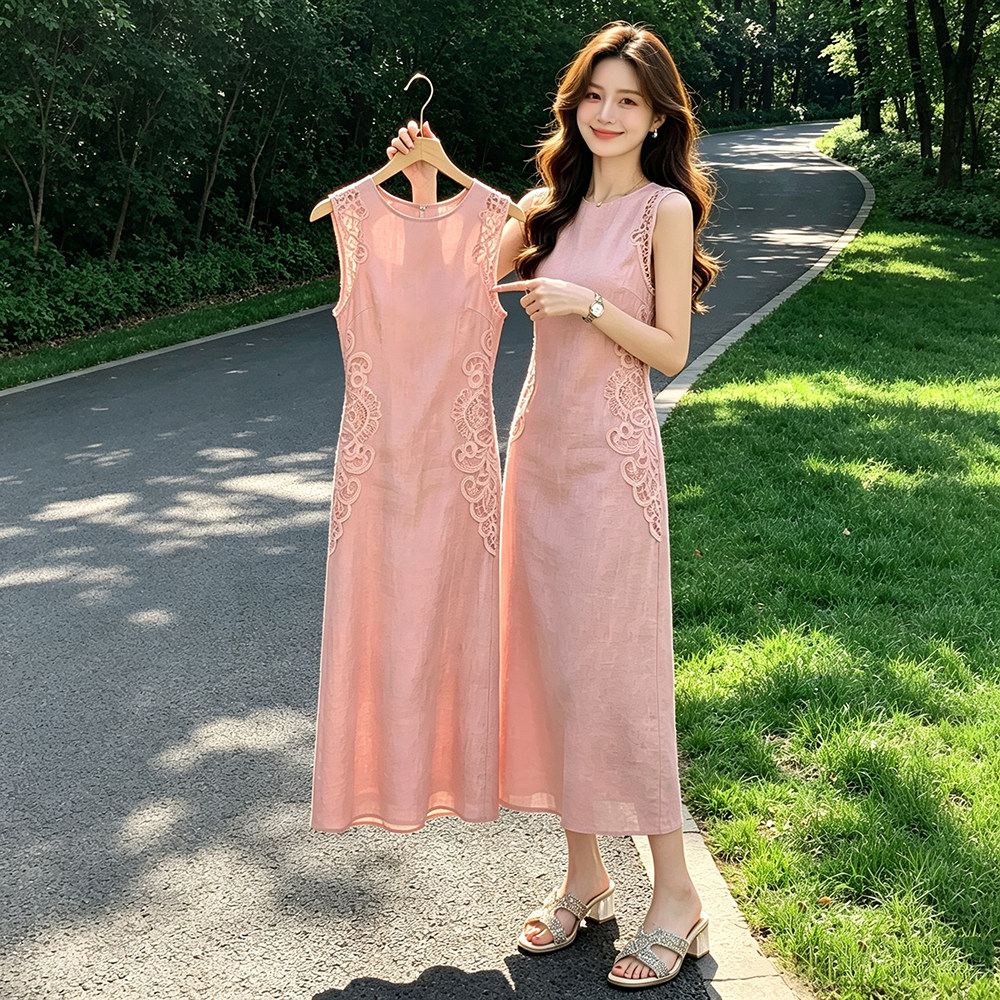 粉色亚麻连衣裙女2026新款夏新款