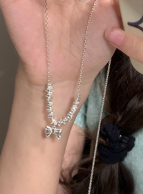 韩版小众碎银子蝴蝶结项链女时尚重工串珠叠戴毛衣链2026年新款