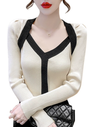 Трикотажный приятный телу осенний цветной сексуальный брендовый свитер, рукава фонарики, в обтяжку