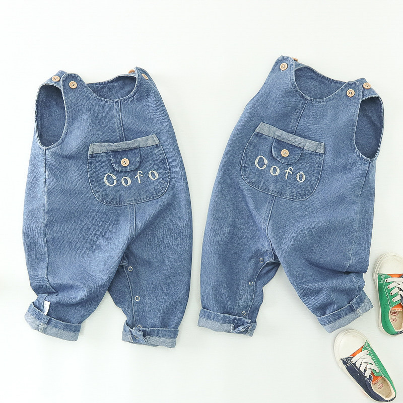 儿童牛仔背带裤春秋连体衣软牛仔哈衣小童男女童坎肩婴儿无袖长裤