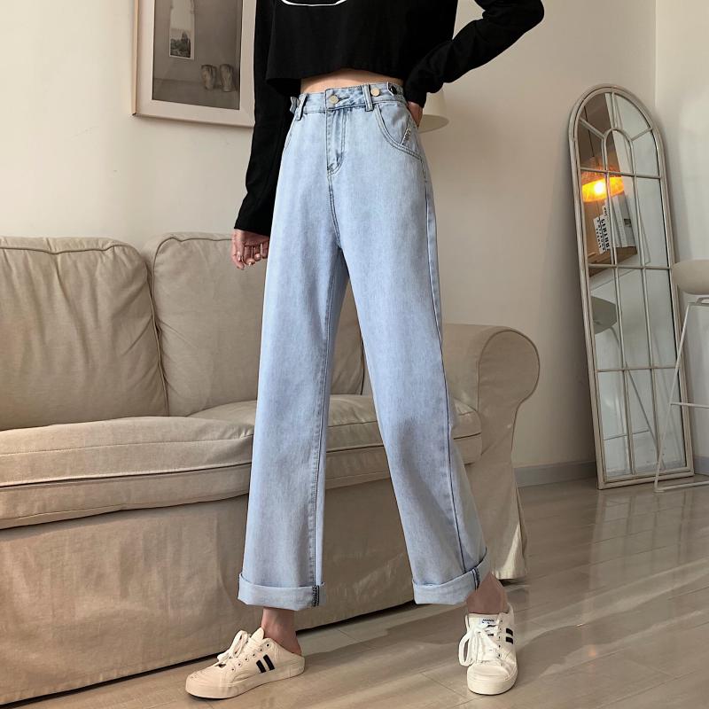 Real photo 2021 spring new loose high waist thin light color straight jeans women's wide leg pants