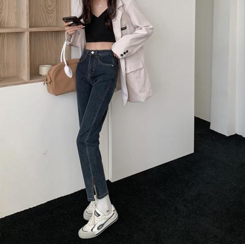 2021 autumn new high waist slim versatile split elastic jeans women's straight pants