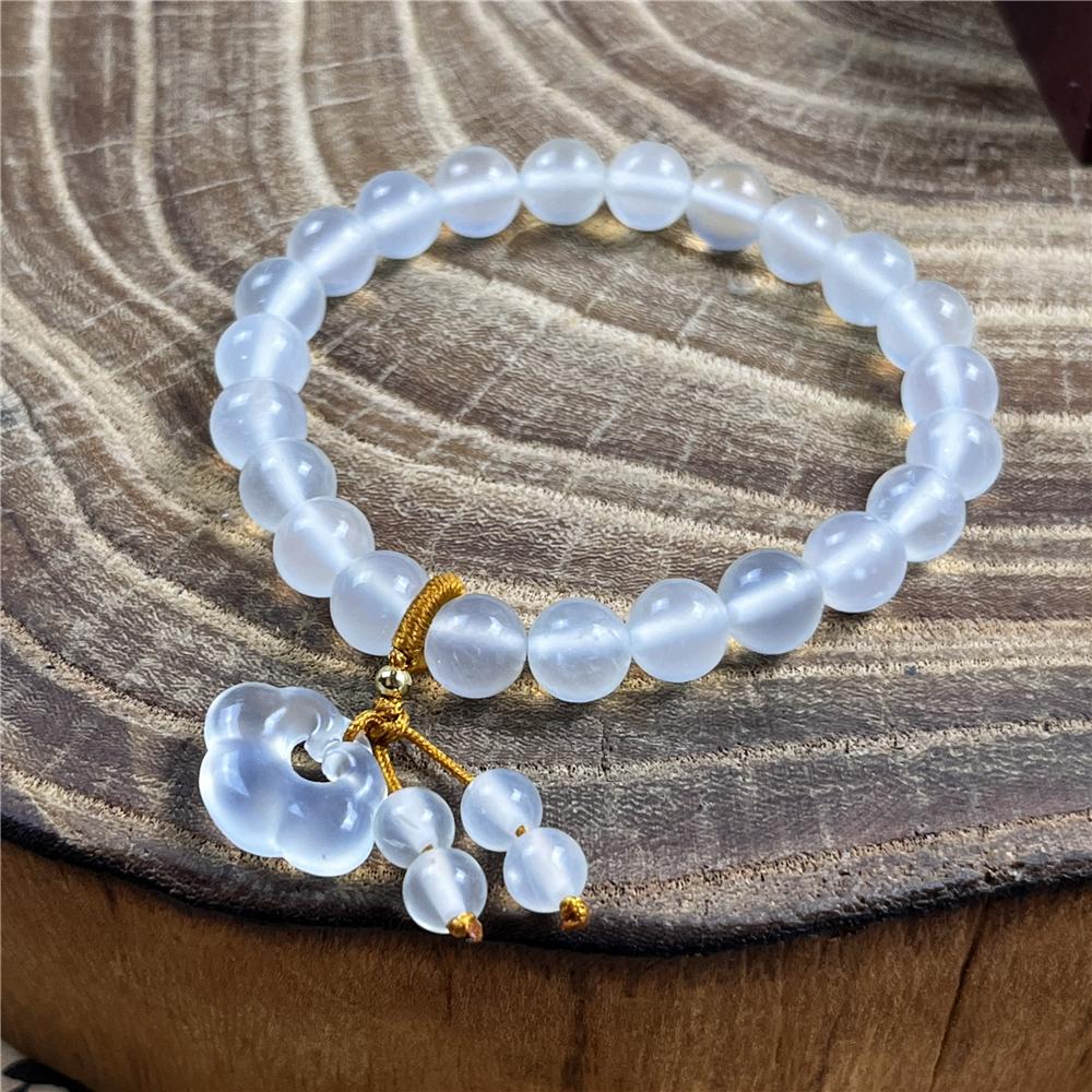 天然岫玉白冰圓珠手串如意