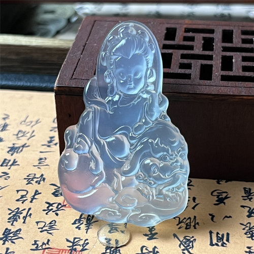 天然岫玉文殊菩萨吊坠保真高冰