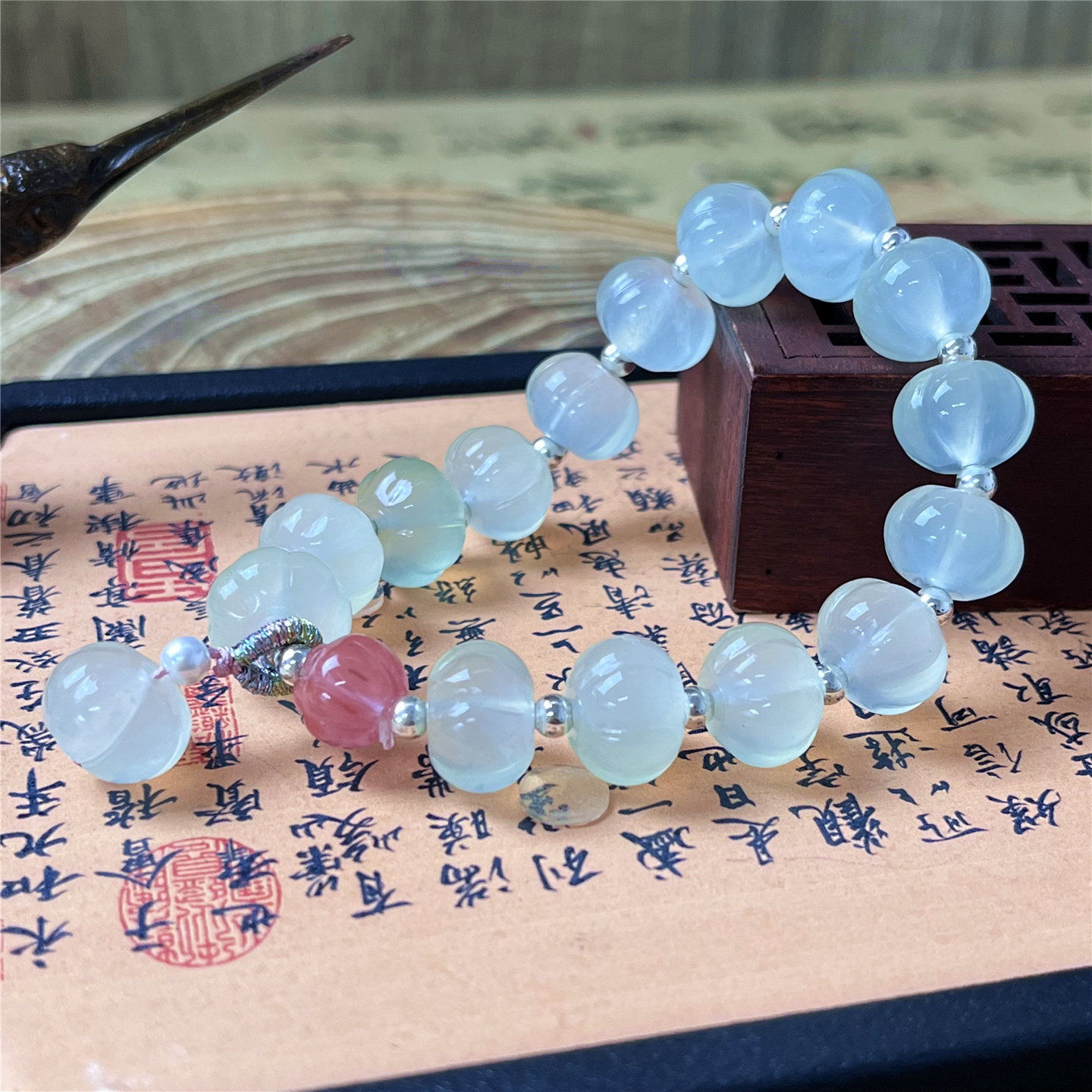 天然岫玉冰种南瓜珠手串男女款多宝高品质银隔珠好货礼物收藏高货