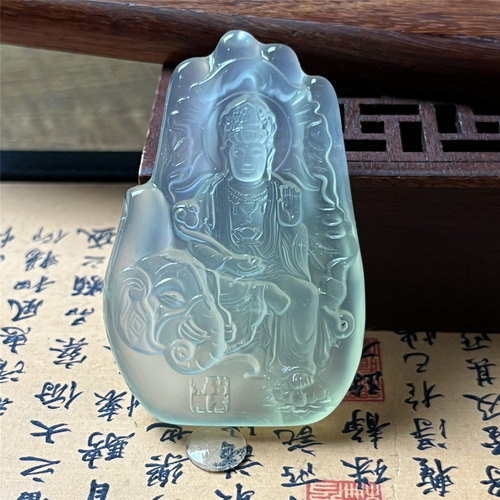 天然岫玉普贤菩萨吊坠保真精雕