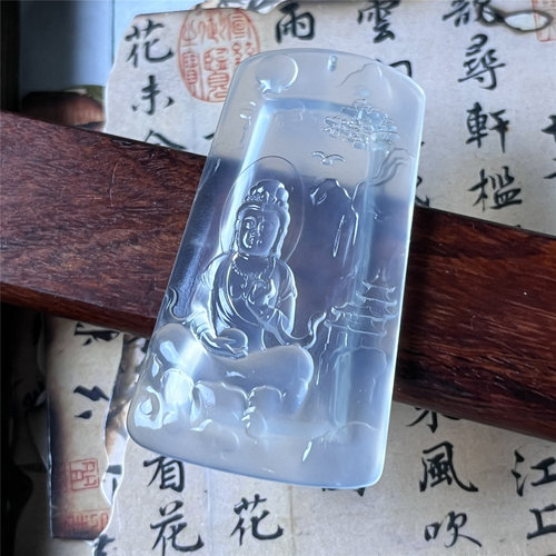 天然岫玉山水观音吊坠保真高冰