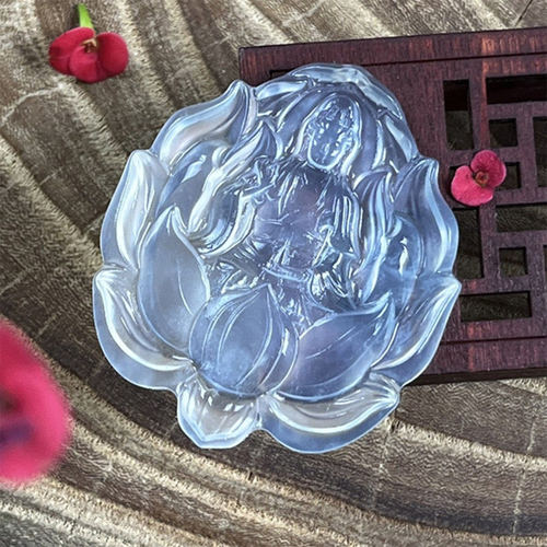 岫玉莲花观音吊坠保真冰种精工