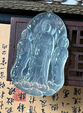 天然岫玉华严三圣吊坠保真冰透