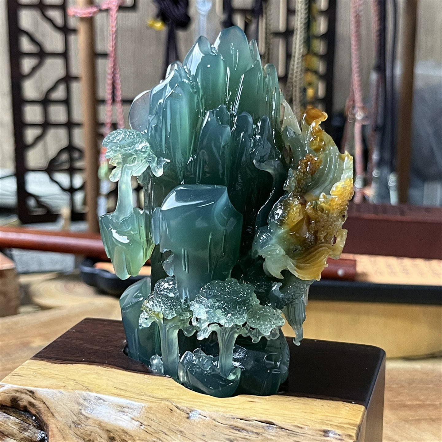 天然岫玉花料山水摆件老蓝水立体手工龙游浮岛手把收藏级别高货玉