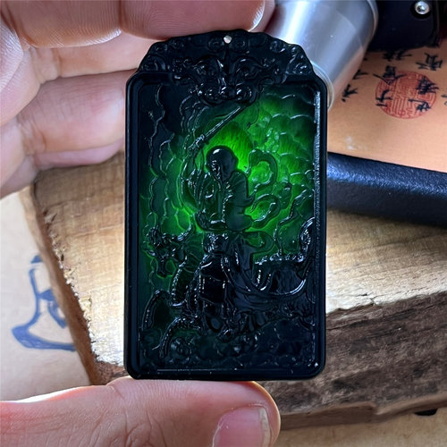 天然岫玉墨玉雷祖吊坠保真双面雕