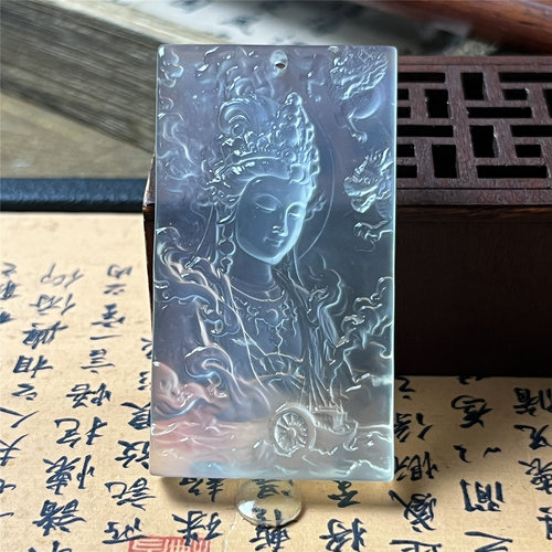 岫玉妈祖娘娘吊坠保真高冰透玉石