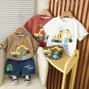 儿童短袖套装2026新款洋气婴儿夏季挖掘机衣服宝宝牛仔短裤两件套