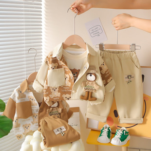 男童韩版 外套2025新款 洋气休闲拼色三件套宝宝潮 秋季 儿童卡通衬衫