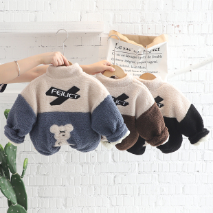 男童羊羔绒冬季 半高领拉链上衣宝宝棉袄 外套儿童加绒加厚卡通韩版