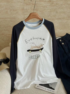 2025夏季新款薄款滑板小狗印花长袖防晒衫T恤女宽松上衣