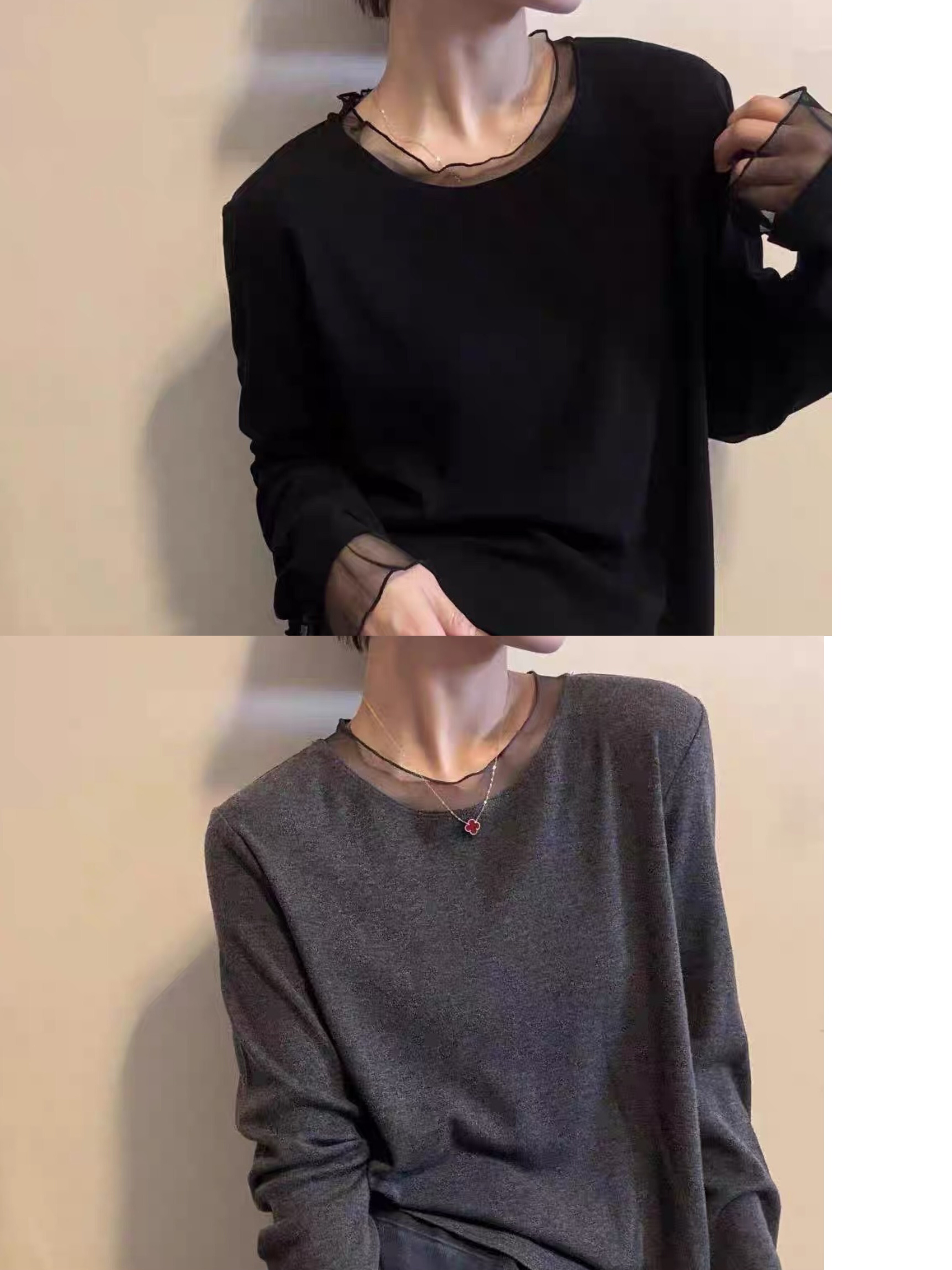 木耳边领长袖衣服打底衫上衣女2025秋冬新款设计感拼接磨毛内搭衫