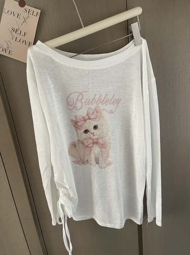 韩系慵懒chic甜美猫咪印花罩衫长袖t恤女春夏穿搭设计感薄纱上衣