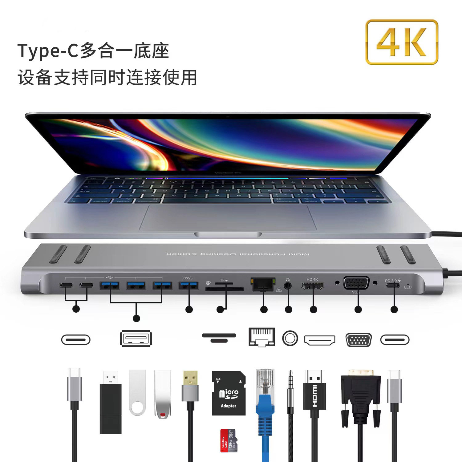 十四合一TYPE-C多接口扩展坞type c转HDMI高清集线器HUB usb3.0
