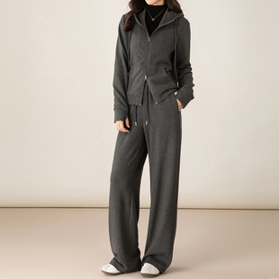 忆霏灰色休闲套装 两件套 女2025冬软糯醋酸羊毛连帽卫衣外套阔腿裤