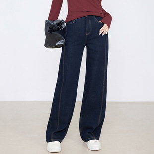 复古明线高腰显瘦牛仔阔腿裤 忆霏丹宁蓝窄版 新款 女2025秋季 直筒裤
