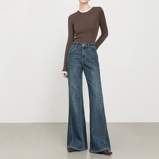 复古高腰四面弹筒喇休闲裤 新款 女2025冬季 加绒加厚牛仔喇叭牛仔裤